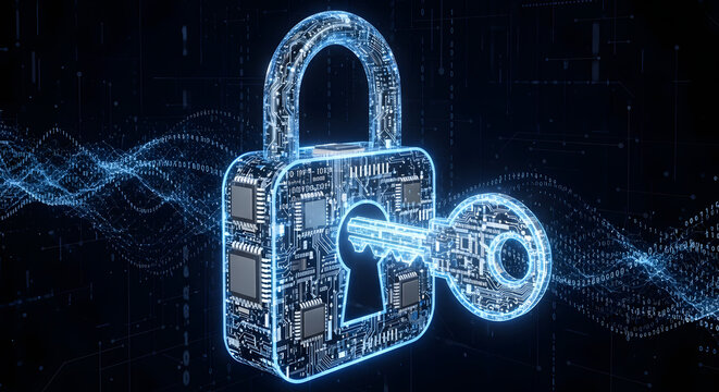 Conceptual illustration of digital security and data encryption featuring a futuristic padlock and key composed of electronic circuits