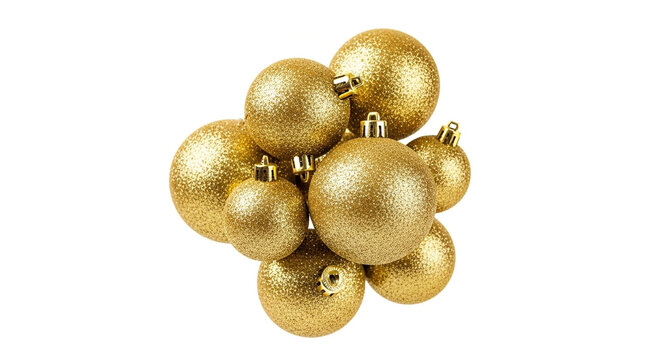 Pile of glittery golden christmas baubles isolated on white background shiny ornaments for festive decoration, creating a warm and inviting atmosphere - Powered by Adobe