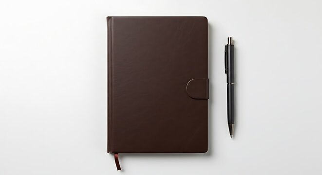 A closed dark brown notebook with a black pen, isolated on a white background for commercial usage and mockups