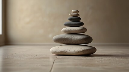 a stack of rocks sitting on top of each other stones on a wooden floor with a window in the background, with a soft light from the and light of the stone stack