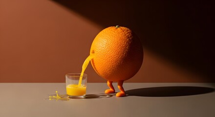 Anthropomorphic Orange Pouring Fresh Juice into Glass on Bright Background