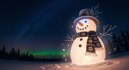 Magical glowing snowman celebrates winter wonderland under aurora borealis and starry night sky