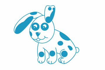 Blue spotted stylized rabbit sits happily with big eyes on a white background