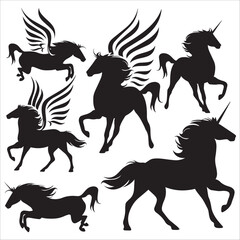 Silhouette Unicorns And Pegasus Vector Icons