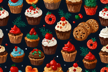 Festive christmas cupcakes and cookies seamless pattern on dark background