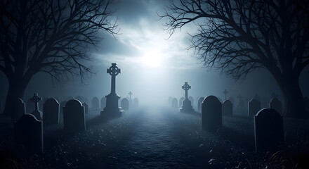 Eerie graveyard scene with glowing light, ancient tombstones, and spooky atmosphere for Halloween or horror concepts