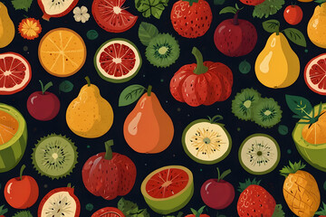 Vibrant assortment of fresh fruits and vegetables seamless pattern