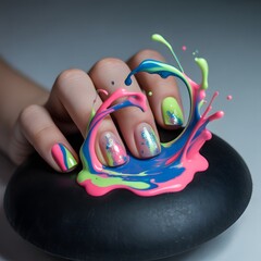 Vibrant nail art explodes with neon paint splashes, showcasing creative beauty and modern style.
