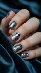 Stunning glitter swirl nail art with holographic accents on elegant dark fabric background