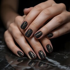 Elegant black matte nails with gold line art for a sophisticated modern manicure beauty style statement
