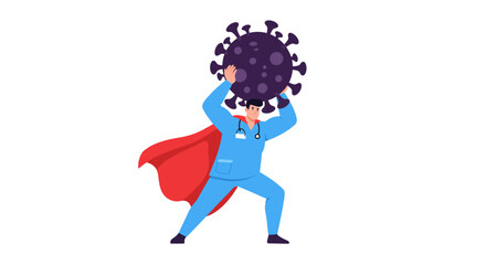 A cartoon doctor in scrubs and a cape holds up a stylized dark purple coronavirus