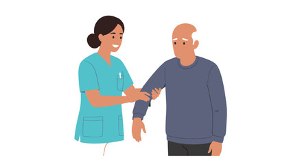 A nurse is holding an elderly mans arm to help him walk