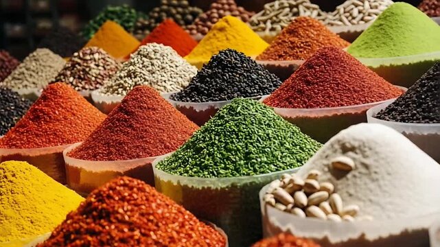 Colorful Spices Display: Aromatic Culinary Ingredients