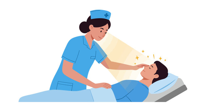 A nurse attends to a patient in bed with rays of light and stars above them