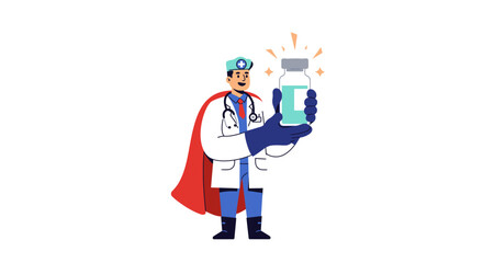 Cartoon doctor in cape holds vaccine vial with glowing effect