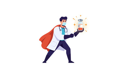 Cartoon doctor with cape mask and stethoscope holds vaccine vial amid glowing stars