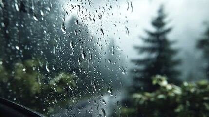 Obraz premium Raindrops on glass with blurry forest scenery create a cozy ambiance