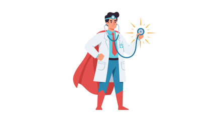 Cartoon super doctor in lab coat cape with stethoscope hero pose