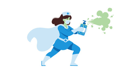 Cartoon supernurse mask on sprays green germs with blue hand sanitizer wearing cape