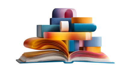 Stack of colorful books, open page (3d style), isolated on transparent background