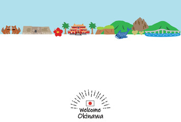 かわいい手描きの沖縄県の観光地街並みフラットカラー