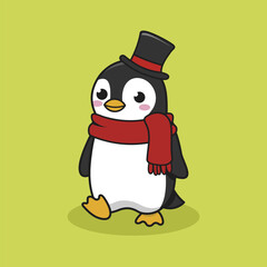 A cute cartoon penguin wearing a hat walking fun winter holiday illustration isolated background