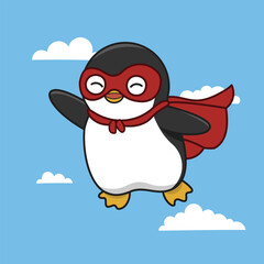 A funny cartoon baby penguin enjoying in super hero costum cute hand drawn vector illustration isolated background