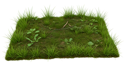 Patch of green grass with soil and weeds
