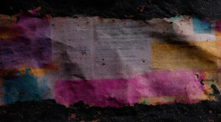 Abstract grunge background with newspaper texture collage, vintage retro poster style, digital art, mixed media elements, dark and colorful, old-fashioned.