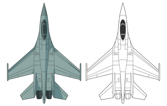 Set chengdu j-11 military aircraft design in line art and colored style from top view. Vector illustrations colorful j16 fighter jet. Outline drawing modern chinese combat aircraft.
