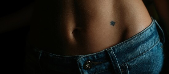 Side profile of a fit female waist in jeans with minimalist studio aesthetic and gentle falloff.