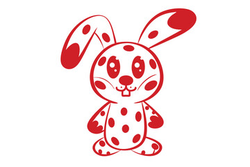 Cartoon rabbit character stands happily, adorned with red polka dots on a white background