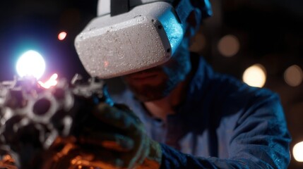 Factory worker in VR visor operating high-tech equipment amid sparks and soft bokeh.