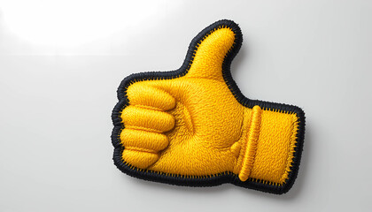 A furry yellow thumbs up symbol, representing approval, agreement, and positive feedback on a white surface
