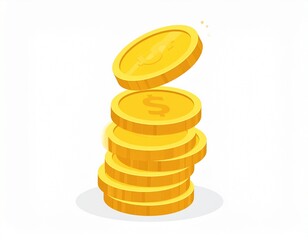 Stack of gold coins with dollar sign, one coin falling on top.