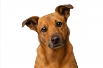 Brown mixed breed dog tilting head, looking at camera with curious expression, transparent background