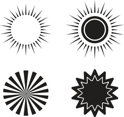 sun icon set, sunshine and solar glow, sunrise or sunset. Decorative circle full and half sun and sunlight.