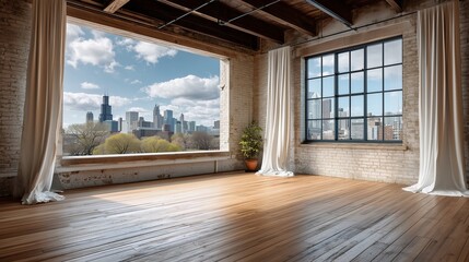 Cityscape Vista from Open Room: An expansive open room showcases a breathtaking city skyline through large, inviting windows, perfectly framing the urban scenery beyond.