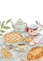 A digital watercolor still life composition featuring a freshly baked pie, bread, a teapot, and cozy food items for a warm winter or autumn setting.
