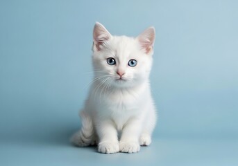 Charming white kitten with striking blue eyes on a delicate backdrop