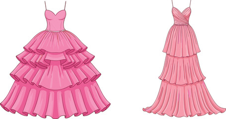 Elegant pink ball gown and tiered evening dress with straps, ruffles, sweetheart neckline, fashion illustration for formal wear collection