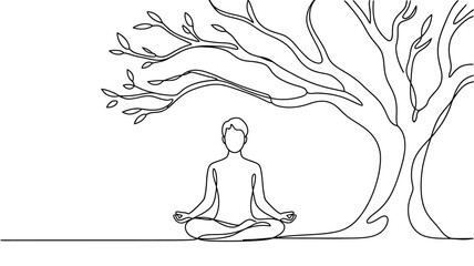 Serene one line drawing of a person meditating peacefully under a large sprawling tree symbolizing nature connection and inner calm