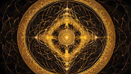 Sacred geometry art, overlapping circles, symmetrical golden glowing shapes, spiritual design.