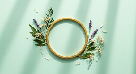 Embroidery hoop wreath with lavender and white flowers on mint background