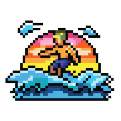 Pixel Art Surfer Character Sprite, 16-bit Extreme Sports Athlete for RPG