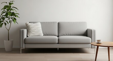 Contemporary living space with sofa, plant, table and minimalist design