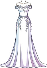 Off-shoulder white gown with floral embellishments, pleated skirt, fitted bodice, fashion vector illustration for bridal and formal wear design