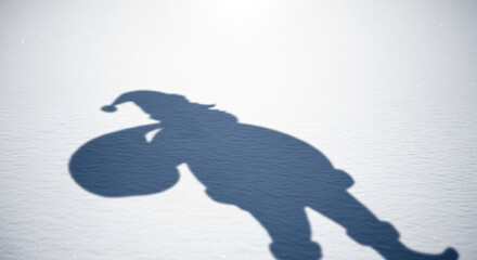 The shadow of santa claus carrying a bag of gifts is projected onto the snow, creating a whimsical and festive scene, isolated on white background