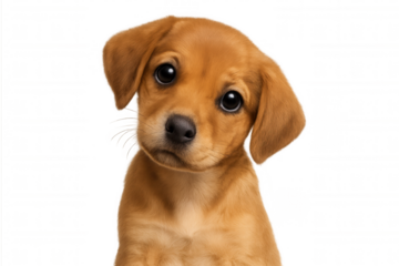 Adorable brown puppy looking with wide, dark eyes and a head tilt, expressing curiosity and attentiveness. Transparent background