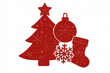 Christmas holiday set with festive tree, ornament, stocking, snowflake silhouettes, red textured designs
